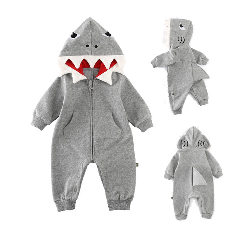 0-24M Newborn Baby Boys Girls Shark Long Sleeve Romper Hooded Playsuit Spring Autumn Baby Kids Outfits Costume