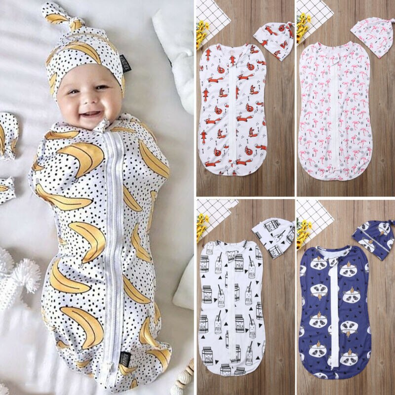 Leuke Pasgeboren Baby Katoen Rits Inbakeren Gedrukt Deken Wrap Slaapzak 0-6M