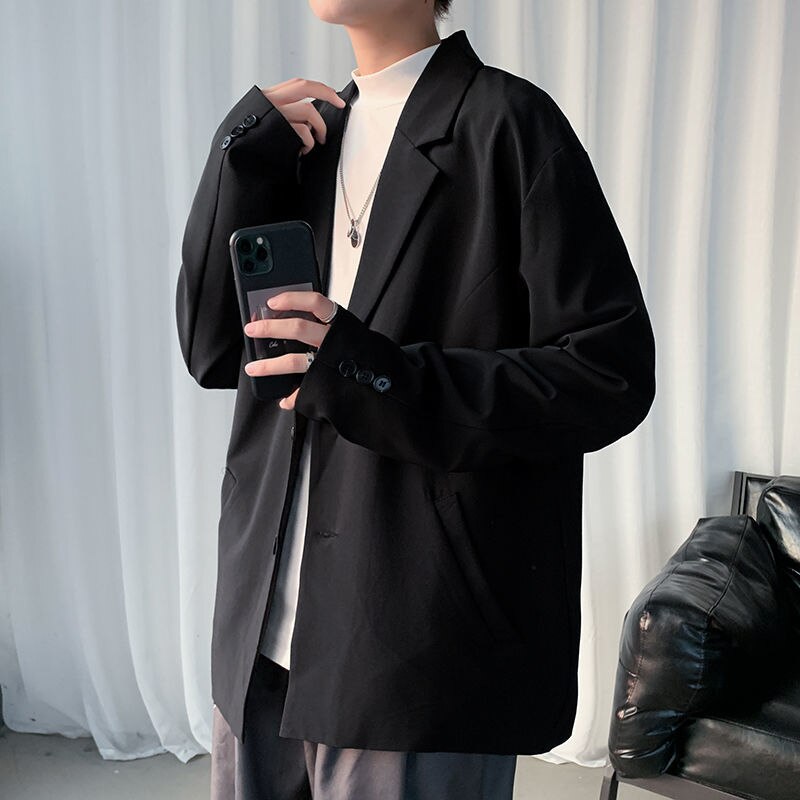 Korean Style Blazer Men's Solid Color Business Casual Suit Jacket Men Streetwear Wild Loose Dress Jackets Mens M-2XL