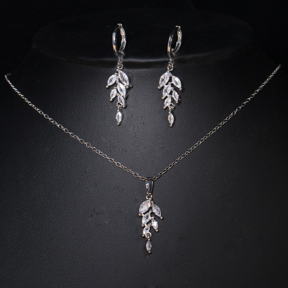 Zirconia Leaf Oorbellen Ketting Sets Voor Vrouwen Elegante Bruids Bruiloft Sieraden Set Huwelijksgeschenken: White Gold