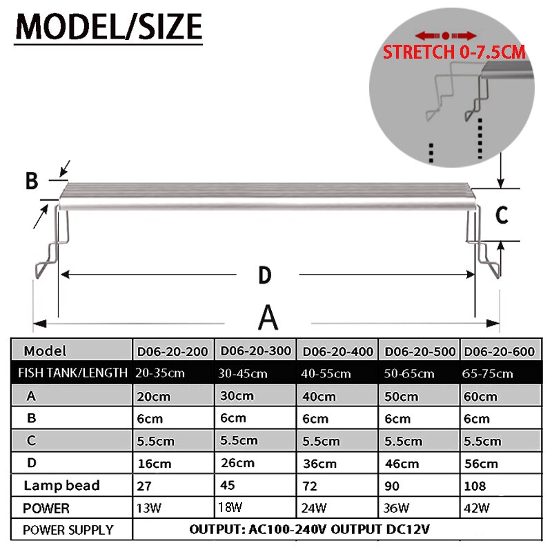 Aquarium LED licht Aluminium legierung Ultra-dünne beleuchtung landschaftsbau licht 18-75CM versenkbare halterung anlage LED licht AC100-240v