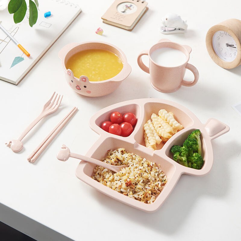 6 stykke sæt baby dinosaur bordservice børne middag tallerken gitter hjemme tegneserie fodringsretter: Lyserød c -6 stk