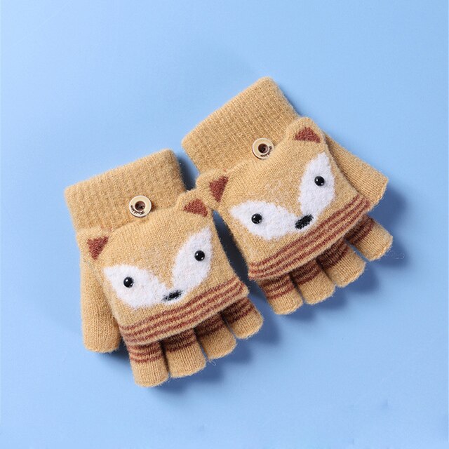 Kinderen Winter Gebreide Convertible Handschoenen Kerst Cartoon Vos Warme Zachte Gevoerd Flip Top Vingerloze Wanten Baby Handschoenen 6-10T: khaki
