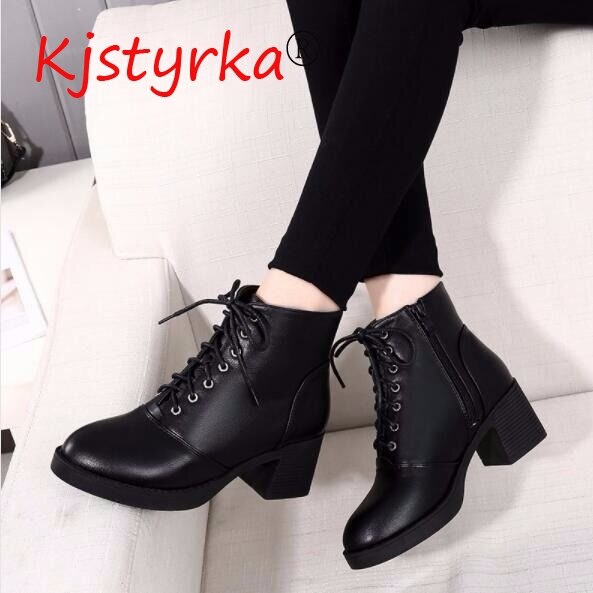 Ankle Boots For Women High Heels Short Boots Women Patent Leather Lace-up Red Black Shoes Lady Large size 40