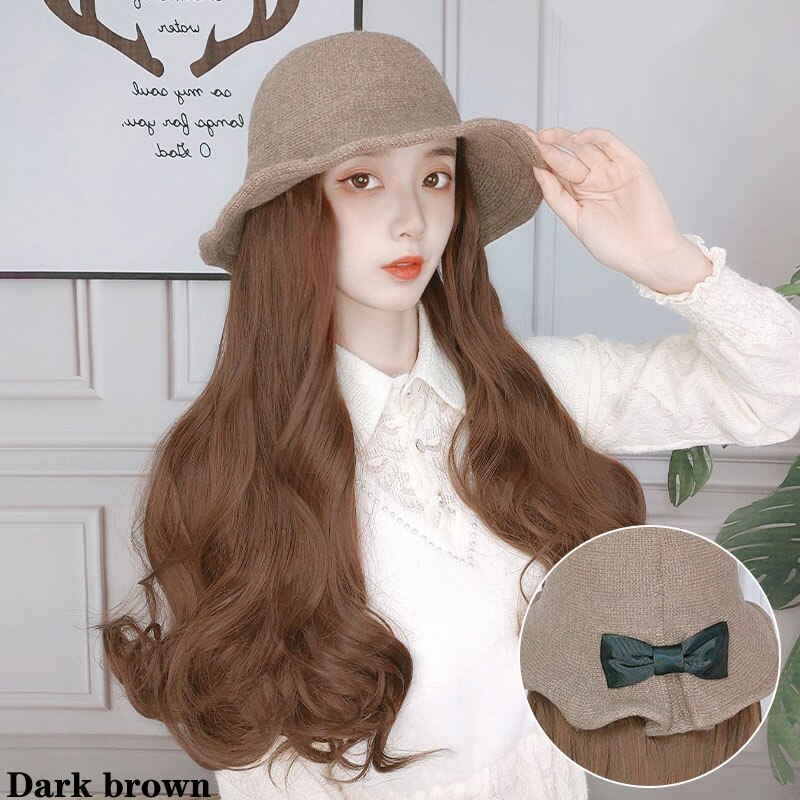 Czapka z peruką jeden kapelusz rybaka długi kędzior duża fala długie proste włosy naturalny czarny brązowy czarny głęboki brąz jasnobrązowy: zielony