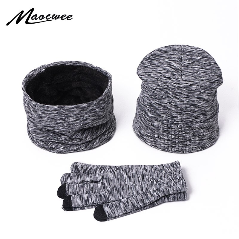 Winter Hat Scarf Gloves Set Solid Color Women Men Beanie Hats Warm Outdoor Knit Windproof Hat Hedging Cap With Lining Hats Bonet