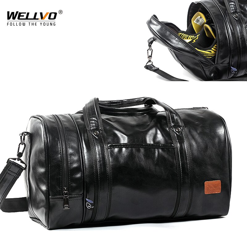 Wellvo Men PU Leather Travel Duffle Bag Round Bucket Shape Handle Bag Crossbody Bags Shoes Storage Handbag sac de voyageXA131WC