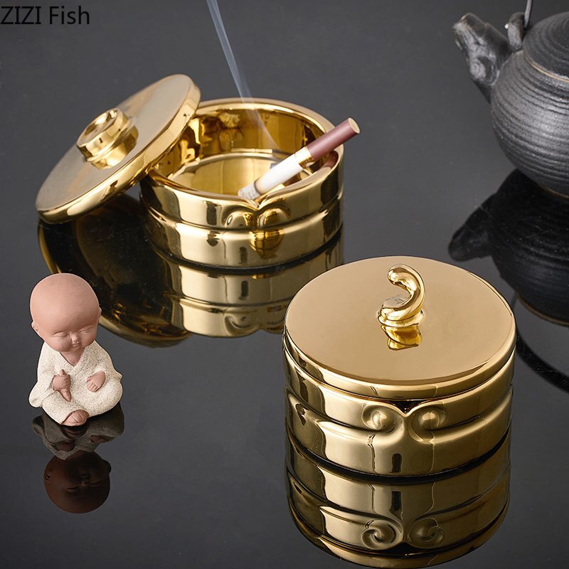 Cenicero dorado de cerámica con tapa, decoración artística para oficina, Cenicero de esmalte para el hogar, sala de estar, mesa de centro, para novio