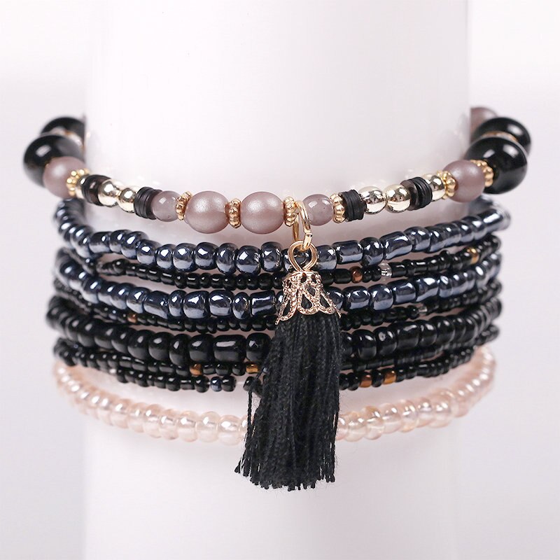 Boho Multilayer Beads Wrap Friendship Bracelets For Women Bead Tassel Charm Bracelet Femme Christams Jewelry Pulseras Mujer: Black