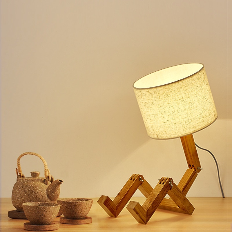 Neue Holz Roboter bilden Klapptisch Lampe Kreative Europäischen Schlafzimmer Studie Schlafzimmer Nacht Leinen Lampe Schatten Tisch Lampe