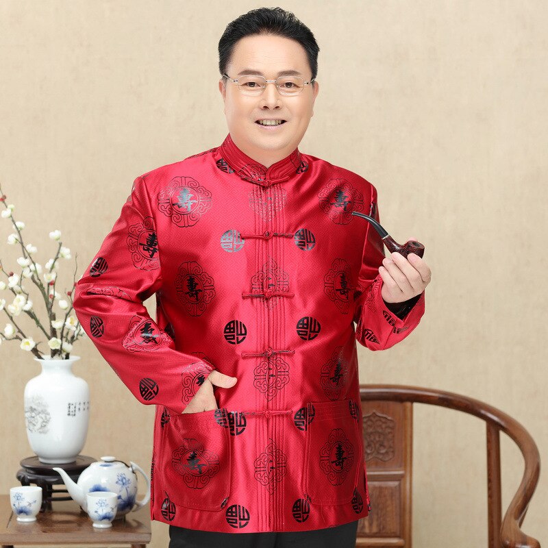 Chinese Red Men Tang Uniform Long Sleeve Autumn Rayon Chinese Traditional Parent Birthday Jacket Chinese Tunic Sui 90: men red / M