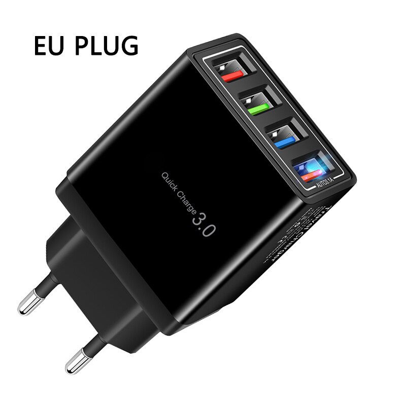 Ładowarka wieloportowa 4USB ładowarka do telefonu komórkowego ue QC 3.0 ładowarka podróżna szybka ładowarka do iPhone13 12 Xiaomi Samsung: Black