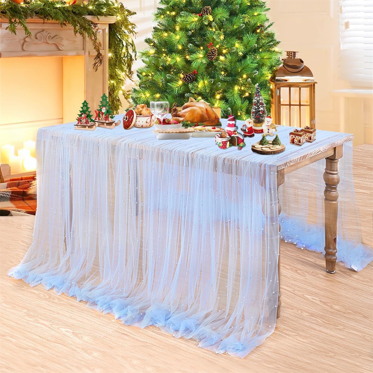 Pearl Table Cloth Wedding Table Runner Decor Tulle Fabric Lace Table Runner for Birthday Party Wedding Arch Veil Decorations