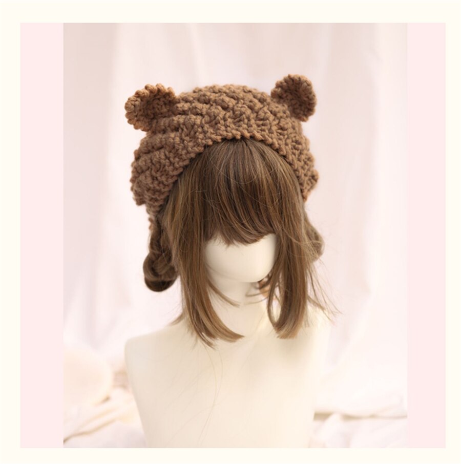 Handgemaakte Lolita Kawaii Meisje Kameel Beer Oor Met Strik Warme Wollen Muts Winter Ear Muff Gebreide Cap D559