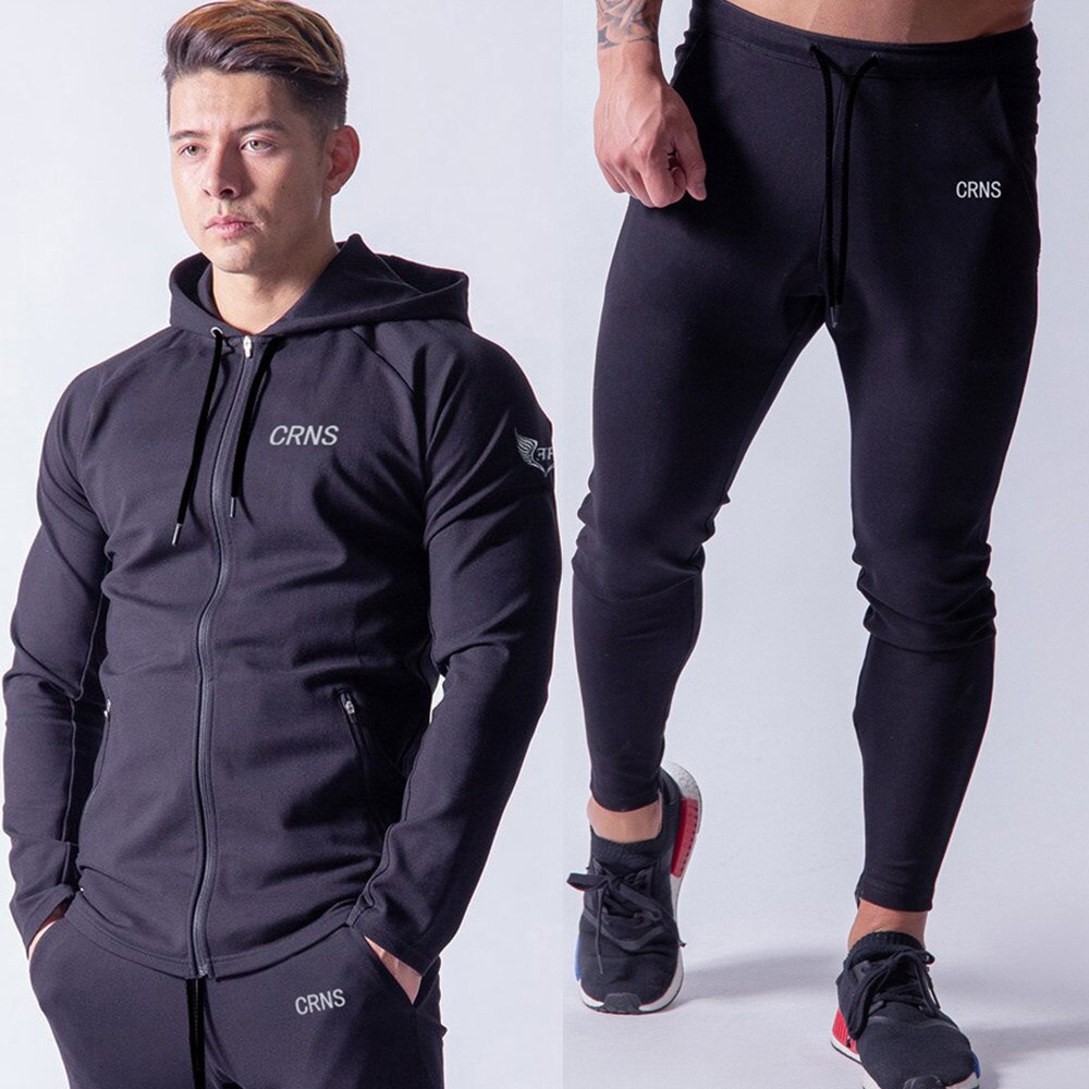 Hættetrøje bukser sæt mænd træningsdragt løb sport sweatshirt jogging joggebukser gym fitness træning mandlige mærke bomuld sportstøj: Sort (sæt) / Xxl