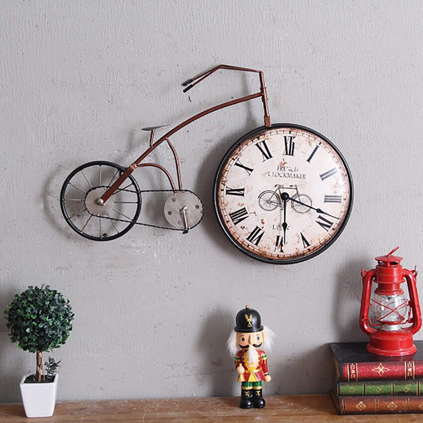 Retro Wrought Iron Bicycle Wall Clock Vintage Bicycle Table Clock Bedroom Wall Clock Wall Hanging Decoration for Living Room