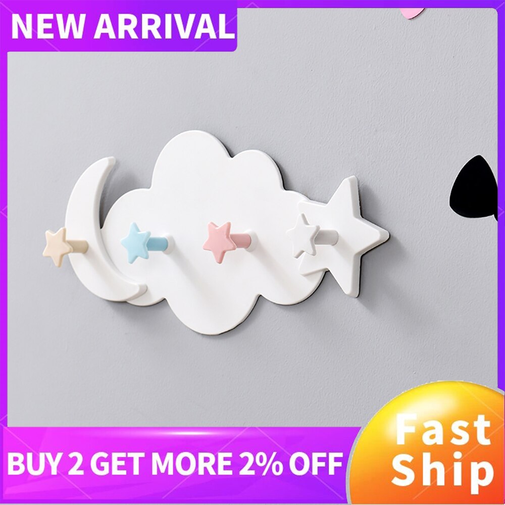 Cute Star Moon Cloud Shape Nail-free Wall Clothes Hooks Kids Room Decorative Key Hanging Hanger Kitchen Storage Hook