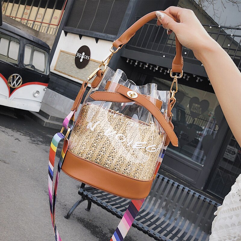 HISUELY Jelly Bag Summer PVC Shoulder Bag Tote Colorful Handle Messenger Chain Plastic Handbag Transparent Bucket Bucket Lock