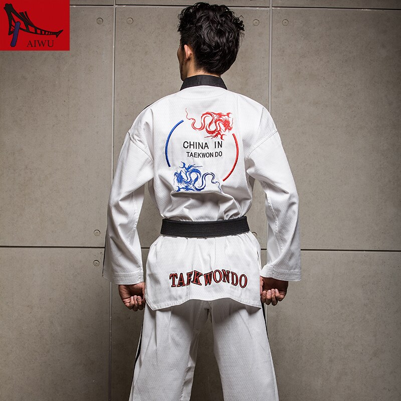 Neue Echte hoch-Ende Poomsae Kleidung Erwachsene Männer Und Frauen Taekwondo Uniformen Lange Ärmeln Männlichen Weibliche Kleidung