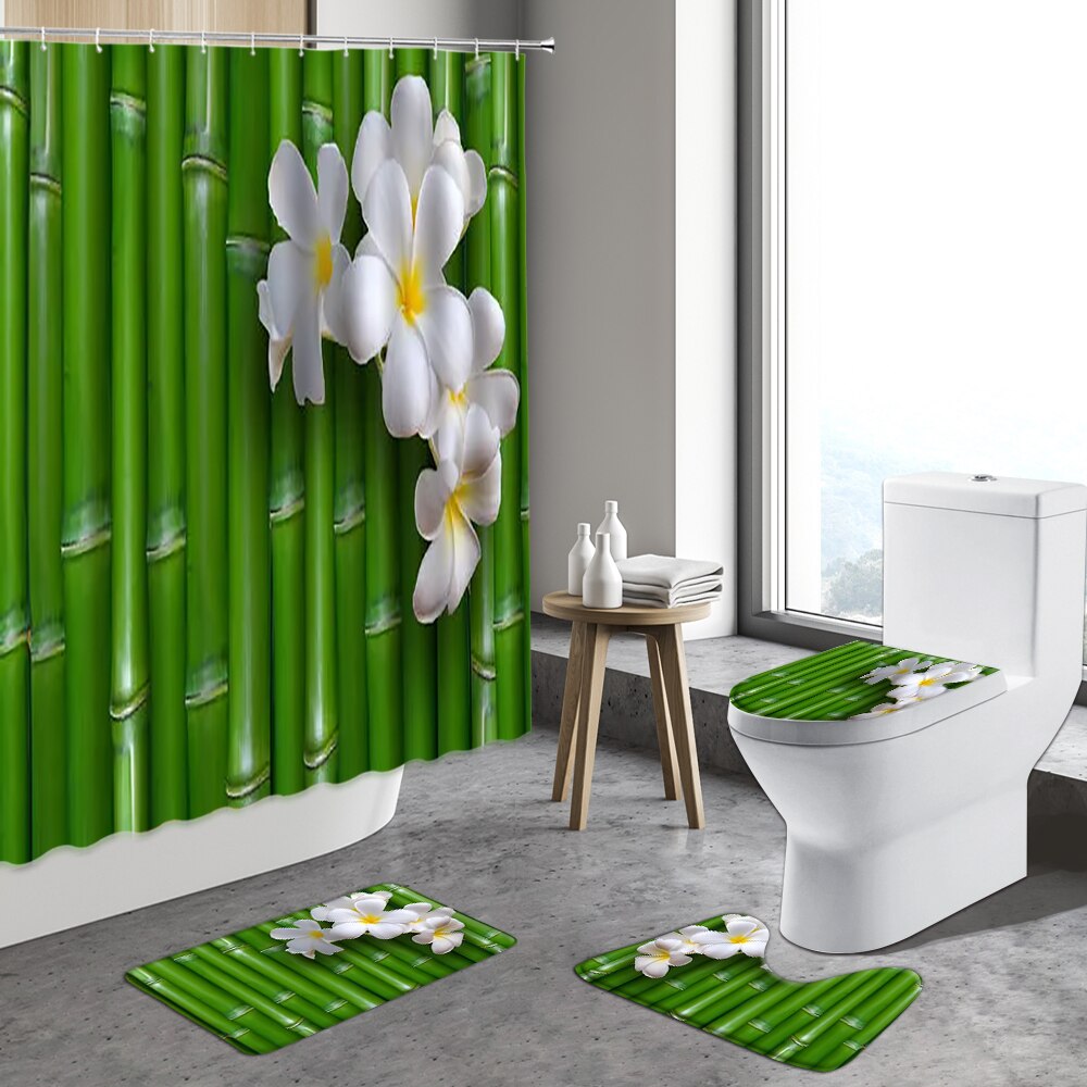 4pcs Zen Stone Shower Curtain Green Bamboo Orchid Flower Plants Anti-Slip Bath Mats Toilet Lid Cover Bathroom Decor Carpet Rugs