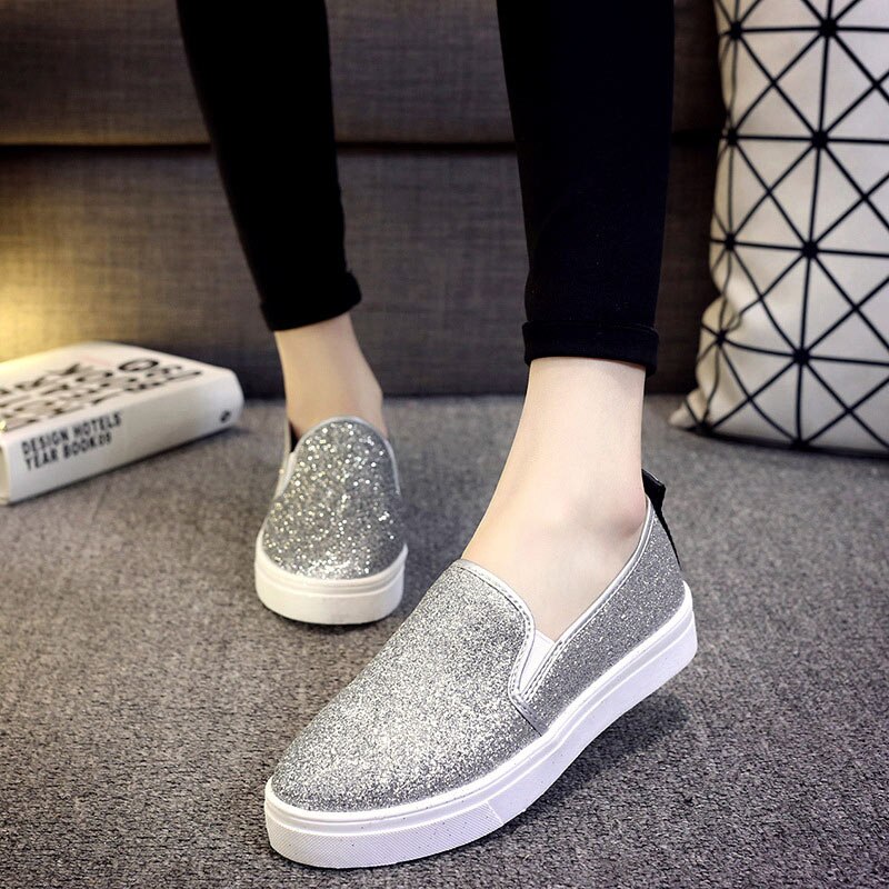 Women Sequined Slip On Loafers Thick Bottom Ladies Flat Shoes Spring Comfortable Platform Flats Casual Footwear