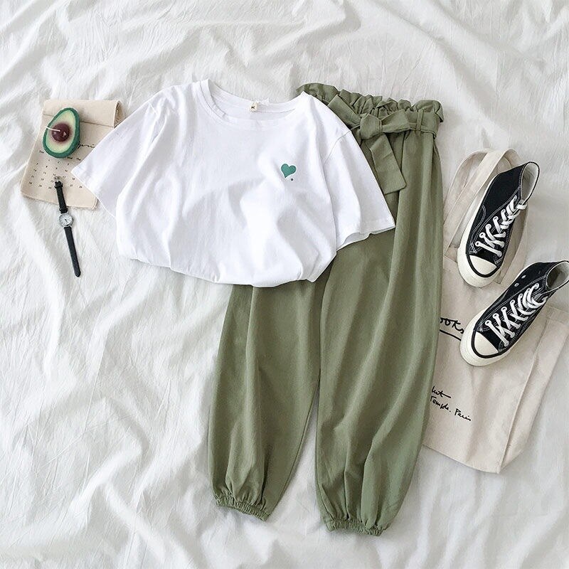 Two Piece Sets Women Spring Summer Casual Female Tracksuit Tops And Pant Suits Harajuku Girl: Green pant / XXL