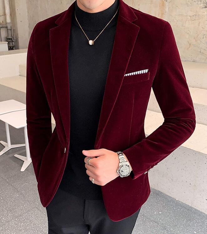 Wine Navy Velvet Men's Jacket dress Men Wedding Suit Male Blazers Slim Fit Suits for Mens Costume Business Formal Party Blazer: Burgundy / Size XL 60 to 65 kg