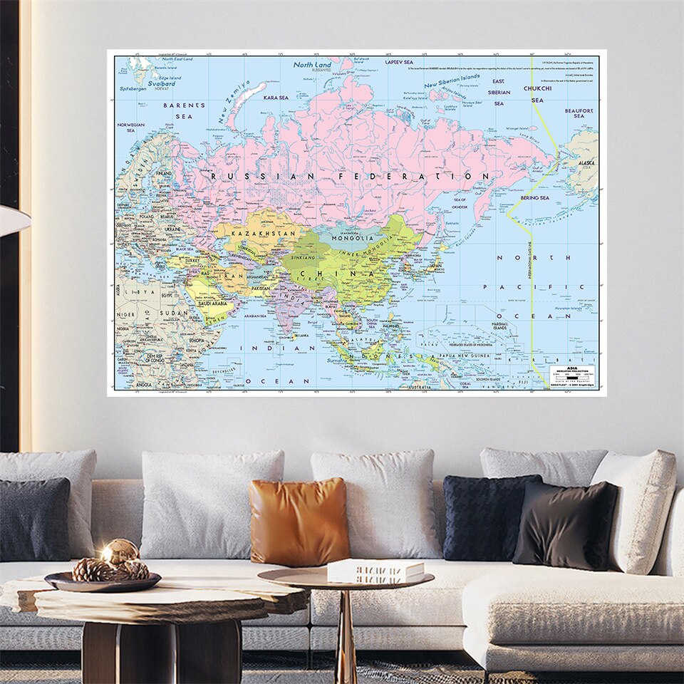 225*150cm The Asia Political Map Wall Art Poster Non-woven Canvas Painting Classroom Home Decor School Supplies