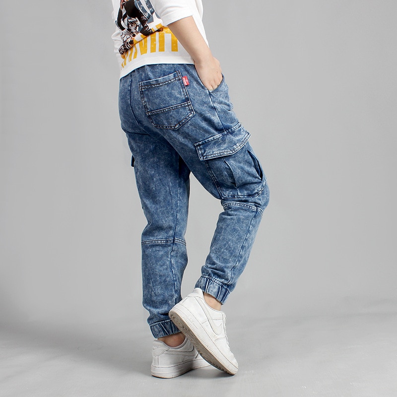 Lente Herfst Koreaanse Jongen Klassieke Jeans Voor Jongens School Cargo Pocket Breien Casual Broek Biker Denim Broek Maat 10 12