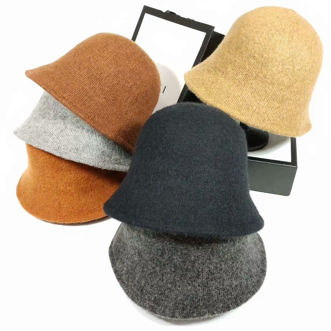 Bucket hats Autumn winter dome wool warm knitted Hat Women simple black woolen yarn basin cap Vintage weave casual hat