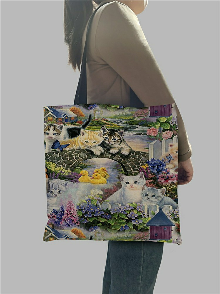 Linnen Praktische Shopping Handtas 3D Kat Golden Retriever Patroon Schoudertassen Vrouwelijke Strand Bakken Bolsas Feminina
