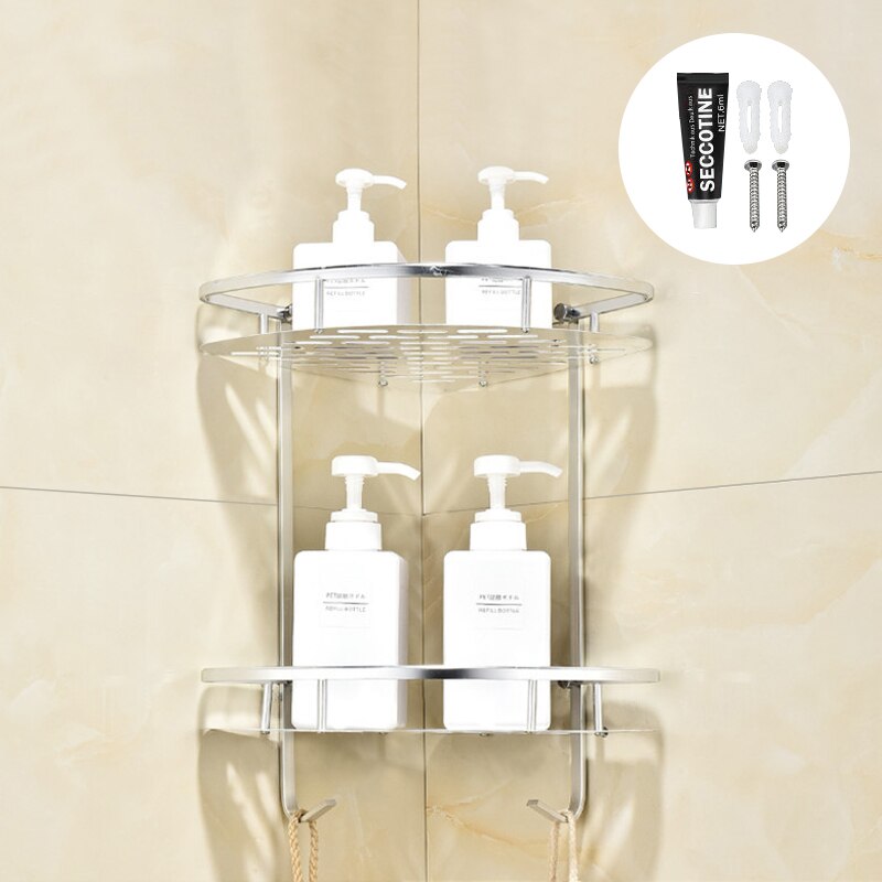 Estantes colgantes para baño, organizador de 2 capas, estante de esquina, soporte para champú sin perforaciones, estante de almacenamiento, cesta de inodoro: A-Silver  2 layers