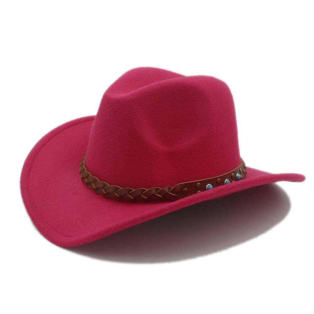 Luckylianji uldfilt vestlig cowboy hat til barn barn bred skygge cowgirl kallaite fletning læderbånd (størrelse :54cm, juster reb): Rose