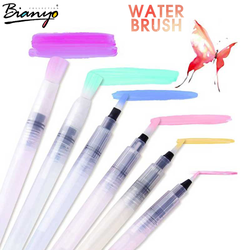 Bianyo-pluma de agua de gran capacidad, suministros de Arte de dibujo de caligrafía, pluma promocional de acuarela, diferentes formas, 6 uds.