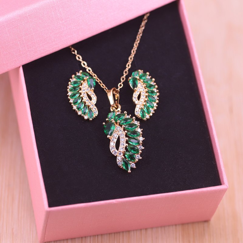 Risenj Goud Kleur Sieraden Set Vele Kleuren Luxe Marquise Groene Steen Voor Vrouwen Hoepel Oorbellen Hanger Ketting Set: green