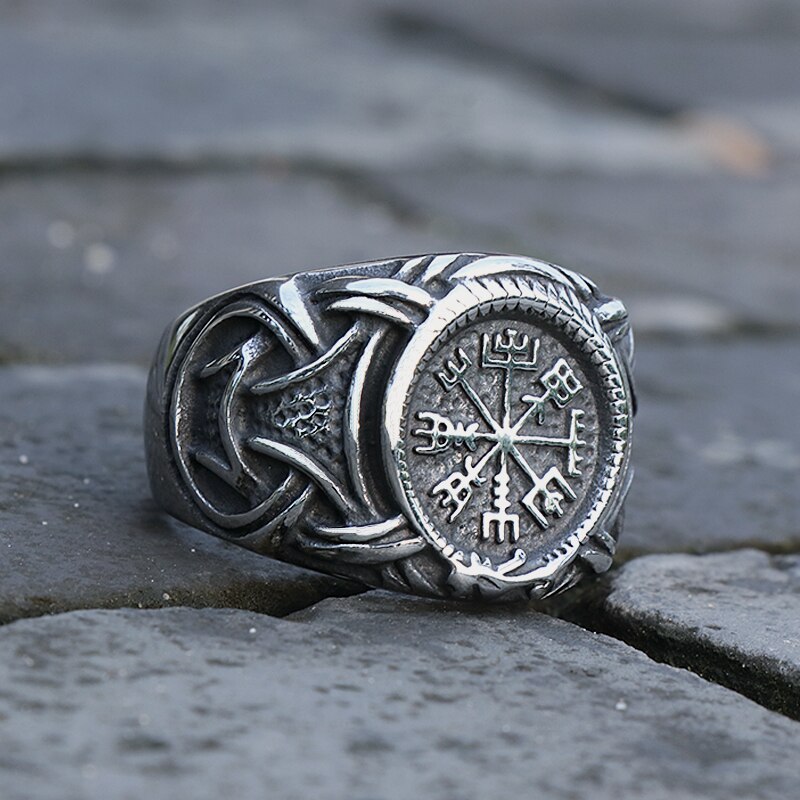 Vintage viking aegishjalmur ring rustfrit stål nordisk mønster kompas vegvisir ring mænd amulet mønster smykker