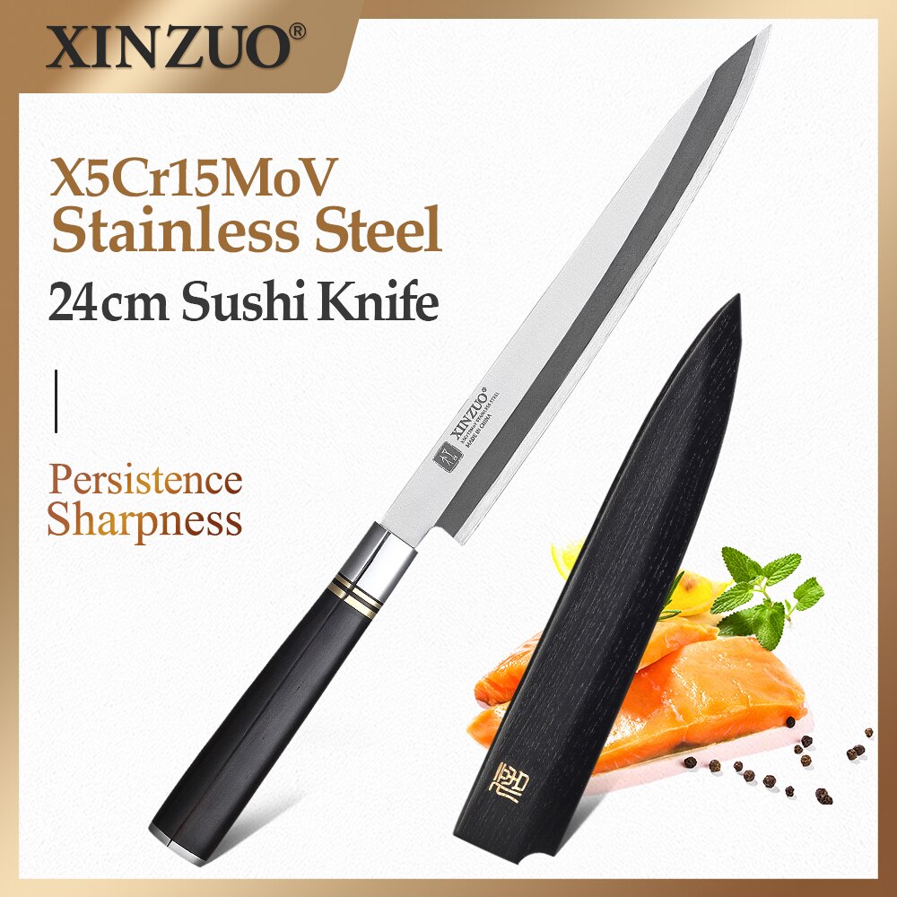 Xinzuo 240/270/300mm kalan fileointiveitsi japanilainen  x5 kr 15 mov ruostumaton teräs pro sushi sashimi lohi keittiöveitsi eebenpuu kahva: 240mm terä
