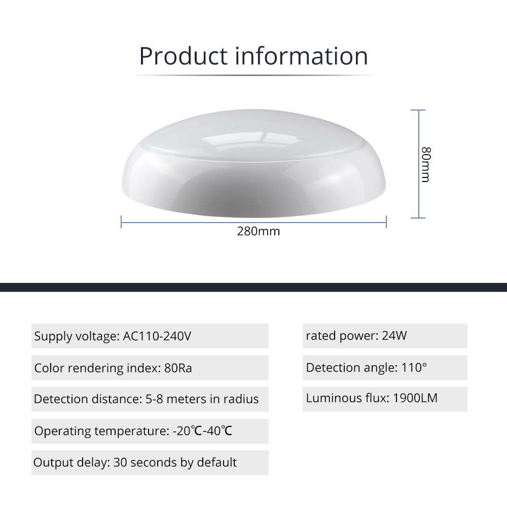 Microwave Motion Sensor Light Sensor Ceiling Light with 30s Timeout 11inch 24W 1900lm LED Round Lighting Fixture
