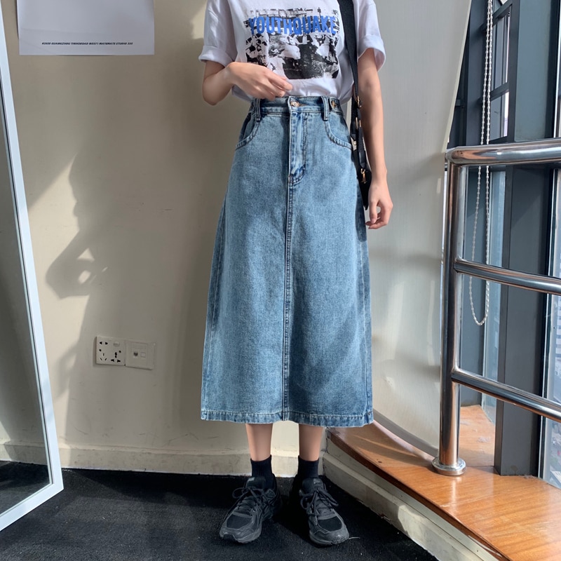 Retro lange midi denim nederdele kvinder højtaljede knaplommer split jeans lige nederdele plus størrelse koreanske sommerunderdele