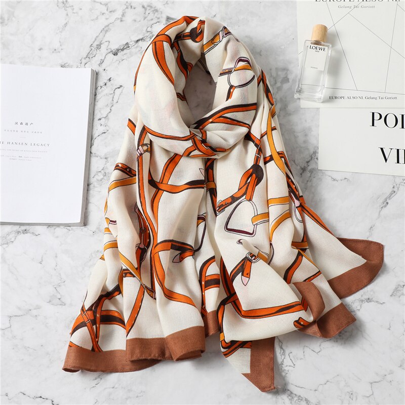 Kvinder bomuld tørklæde kæde print luksus pashmina sjal wrap foulard kvindelige halstørklæder vinter varm hijab bandana: M65-2 beige