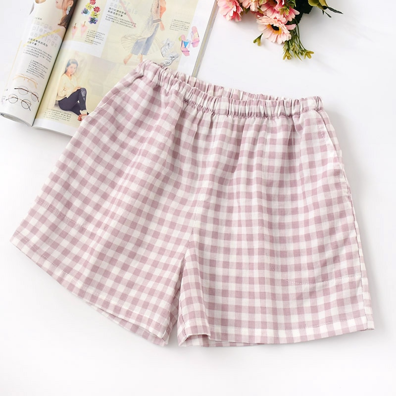 Cuplu de vară pantaloni scurți în carouri tifon de bumbac pantaloni subțiri de pijama îmbrăcăminte de dormit pentru femei pantaloni de noapte pantaloni de noapte: Femeie violet / L