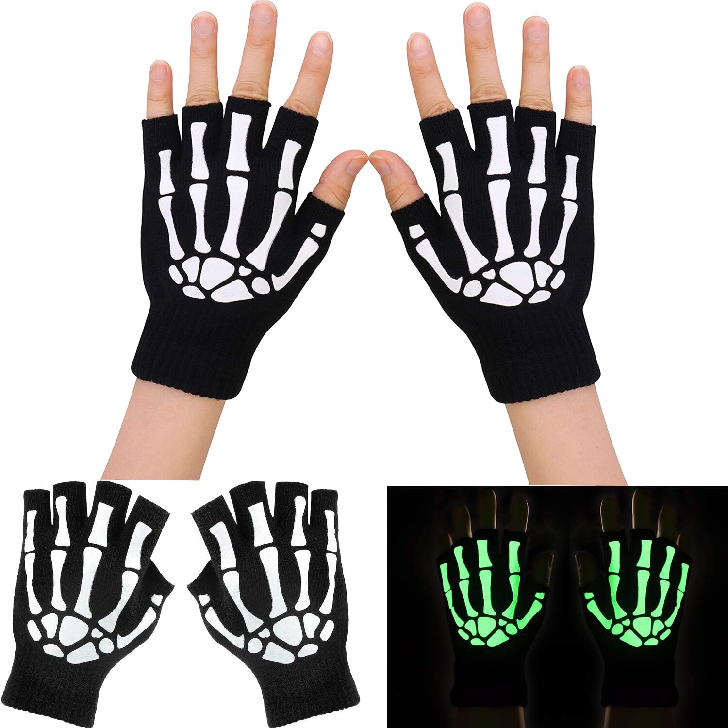 Unisex Adult Halloween Skeleton Skull Half Finger Gloves Glow In The Dark Fingerless Stretch Knitted Winter Mittens