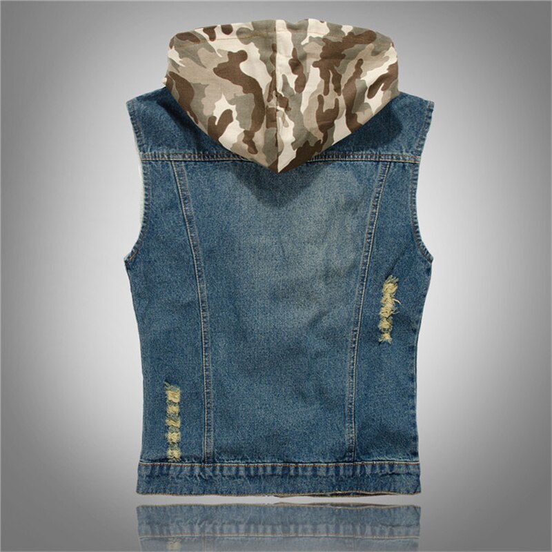 Nueva Slim chaleco Denim hombres bolsillos con cremallera de ropa informal estilo Hip Hop vaquero Casual con capucha de camuflaje chaleco sin mangas abrigos