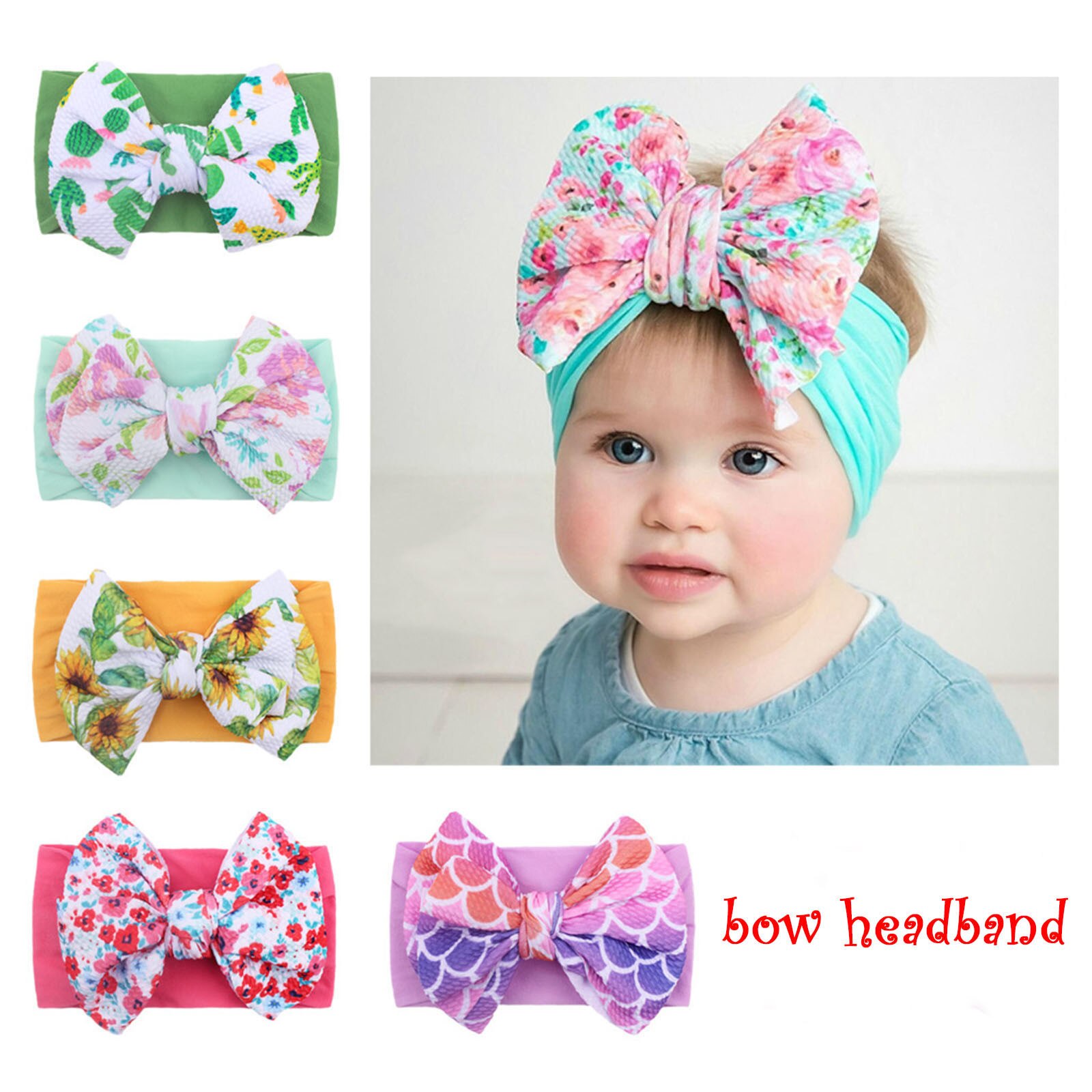 Baby Grote Boog Zachte Hoofdbanden Bloem Print Tulband Haarband Bunny Boog Headwrap Kinderen Meisje Head Wrap Baby Meisjes Haar Accessoires