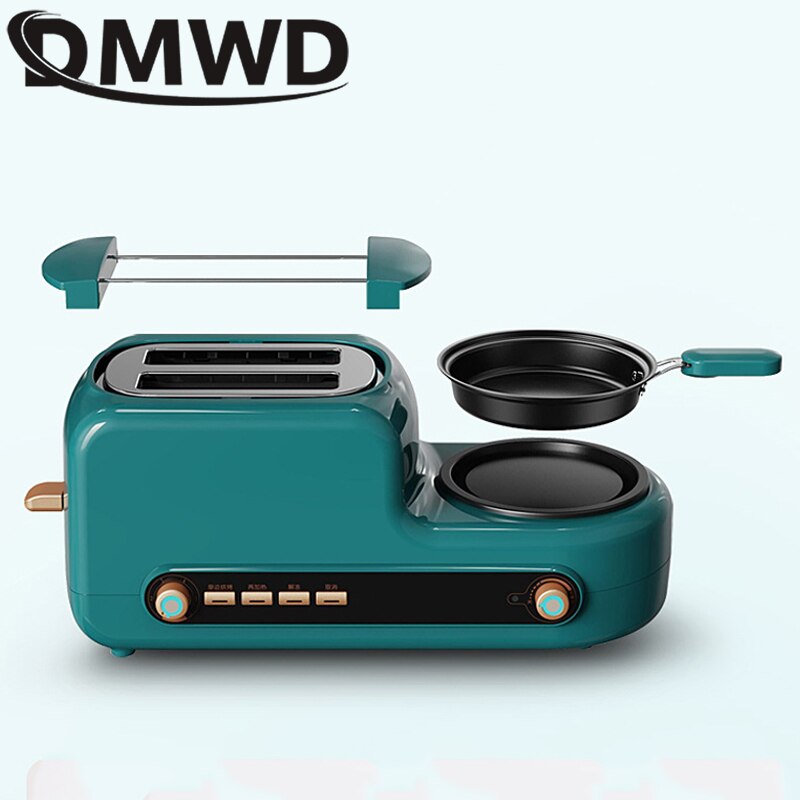 Stainless Steel Electric Toaster Household Portable Breakfast Machine Automatic Bread Baking Maker Fried Eggs Boiler Frying Pan: Green