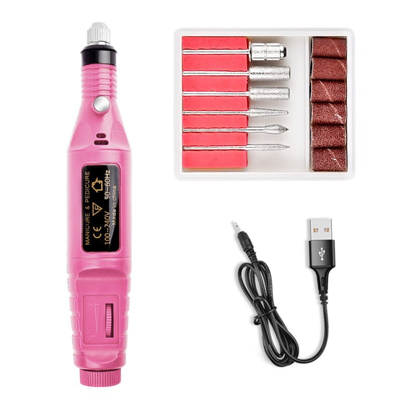 Minitaladro eléctrico de acero inoxidable, herramienta de manicura y pedicura, cortador de uñas con brocas, pulidor de uñas portátil por USB: pink
