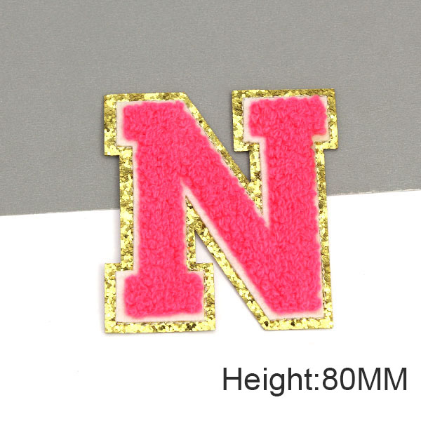 Parche con letras bordadas de rosas grandes de 80MM para ropa, parches de chenilla con lentejuelas doradas, apliques para planchar, camiseta con nombre DIY, pantalones vaqueros: Latón