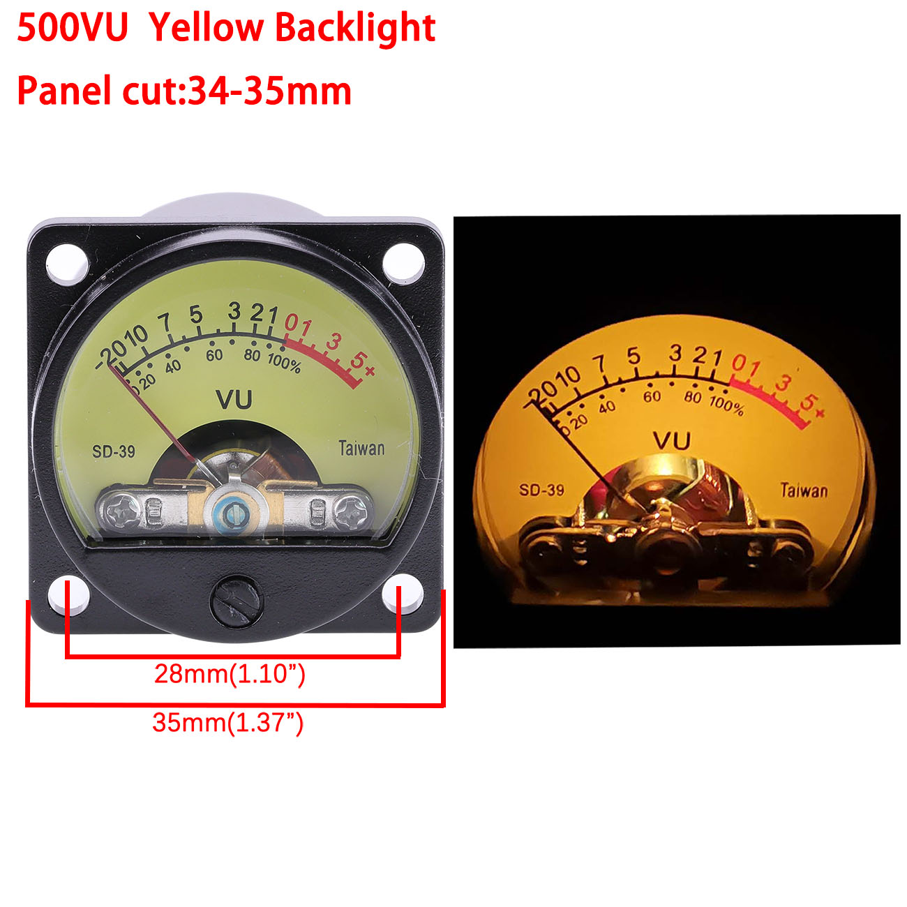 1PC 34mm Panel VU Meter 500VU met Groen Geel Blauw Rood Achtergrondverlichting Geluid Drukmeter Versterker Analoge meter Panel Gauge 500uA: Bruin
