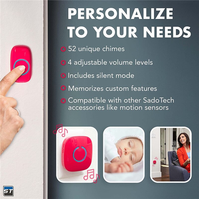 Wireless Doorbell 1 Push-Button Ringer &amp; 1 Chime Receiver 1000 Feet Night Light Waterproof Door Bell Sets