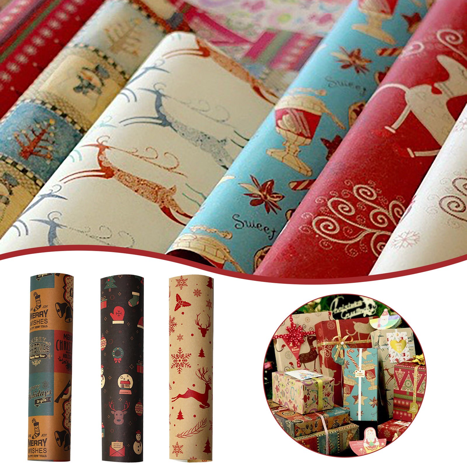 Rollo de papel Kraft para impresión navideña, manualidades, artístico, papel decorativo, decoración del hogar, suministro festivo para # P5